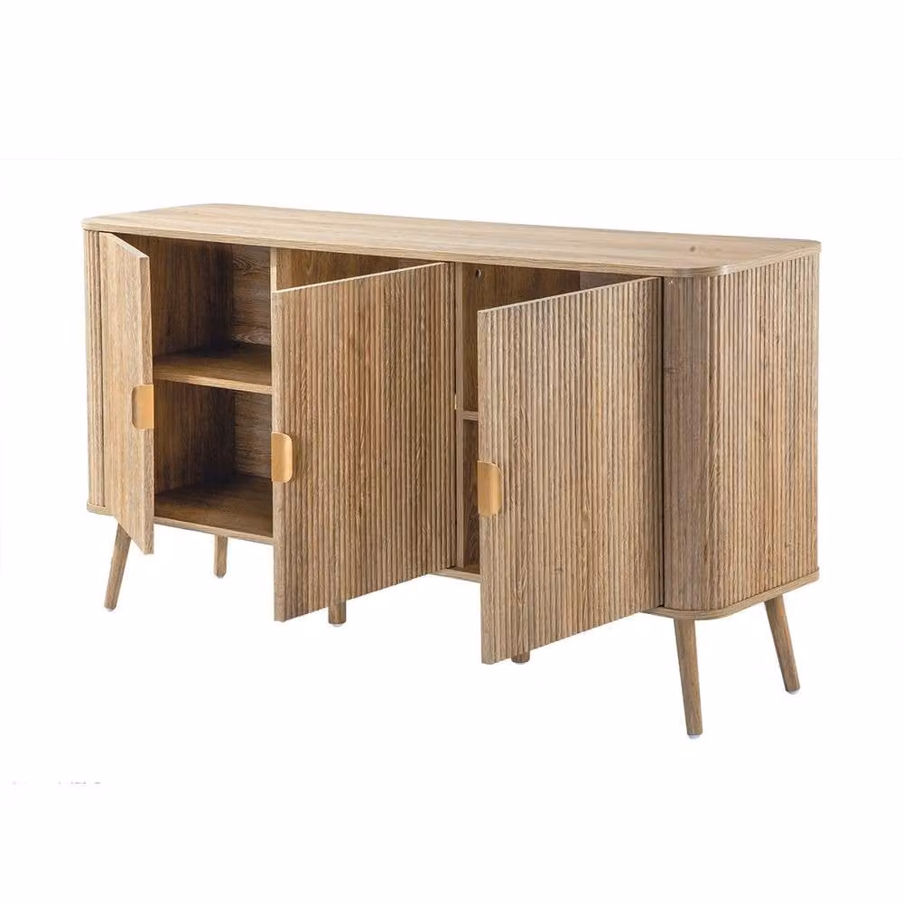 CALICOSY 3-Door Rounded Sideboard with Oak-Effect Slatted Fronts in Light Brown, Width: 150 cm – 3