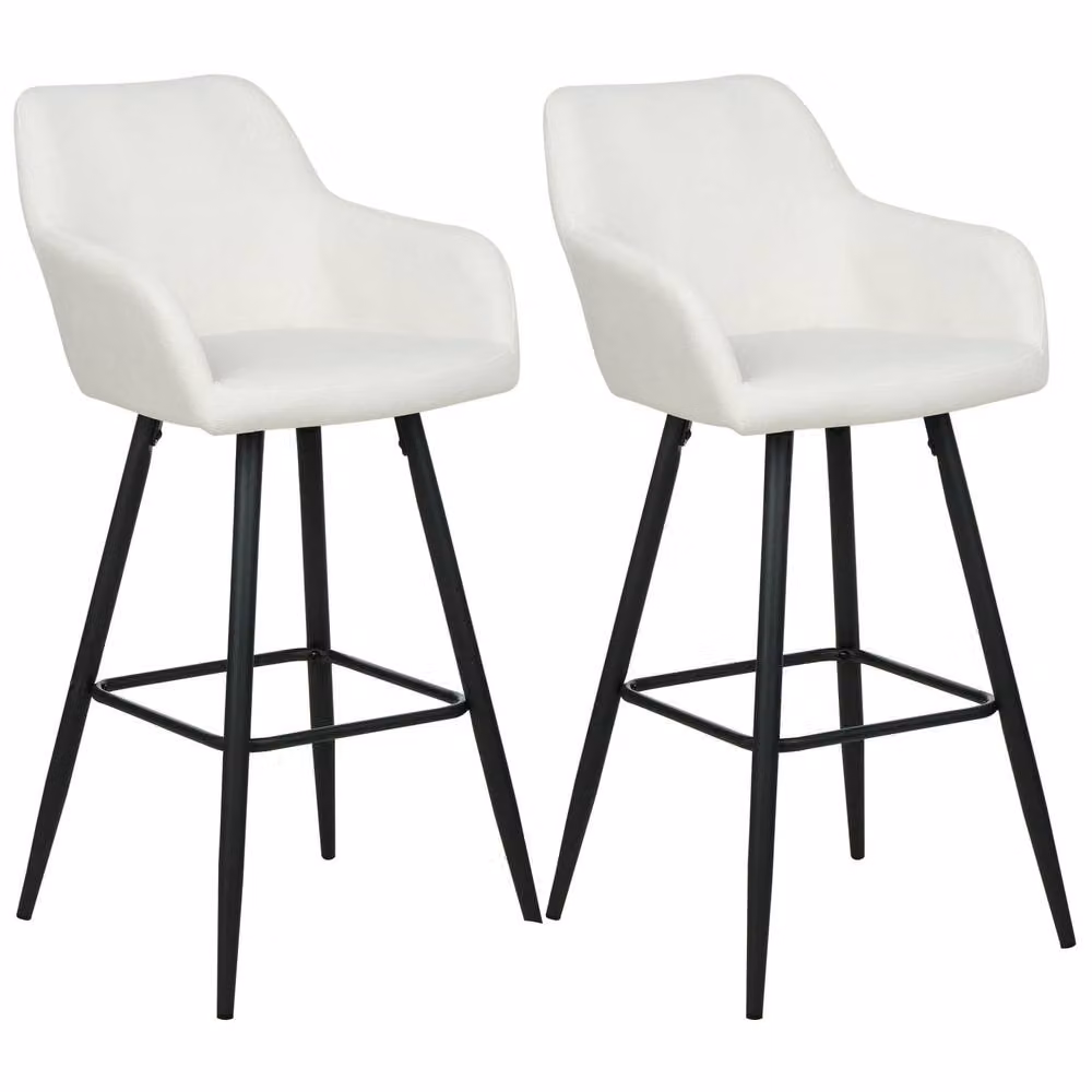 Wyld and Coco Set of 2 Velvet Bar Stools with Armrests in Off-White and Black Metal Legs – 2