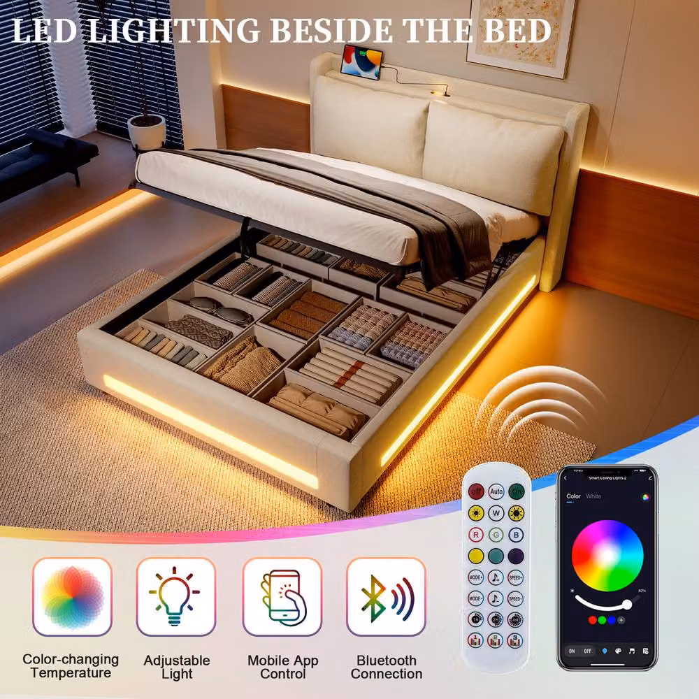 Matteo Modern Upholstered Super King Bed in Beige with Lift-Up Storage, LED Lighting, USB Charging Port and Bedside Shelf, W/D/H: 200 x 181 x 114 cm – 4