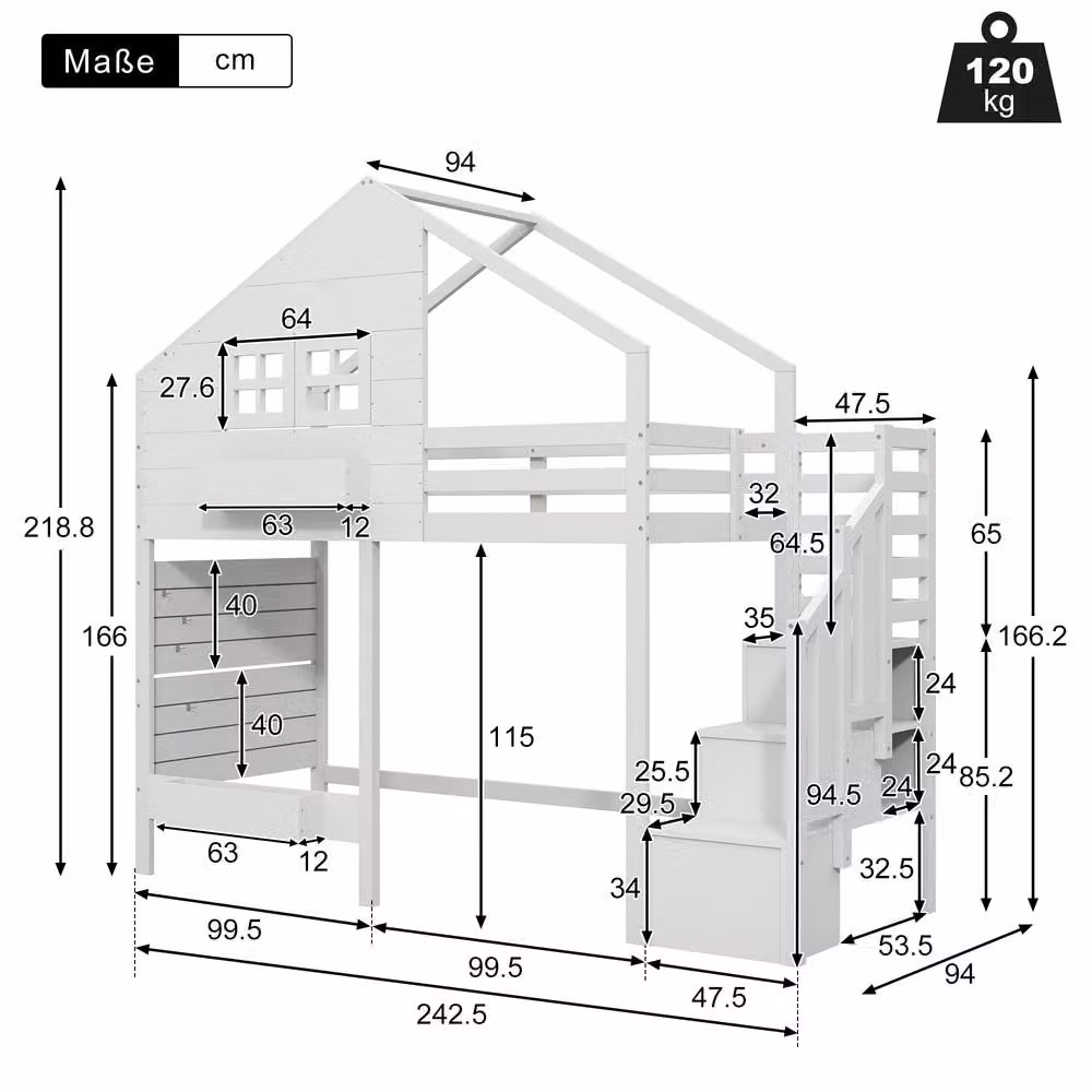 Matteo White Solid Wood Childrens Bunk Bed with Storage Stairs and House Frame Design, Size: 90 x 200 cm – 2