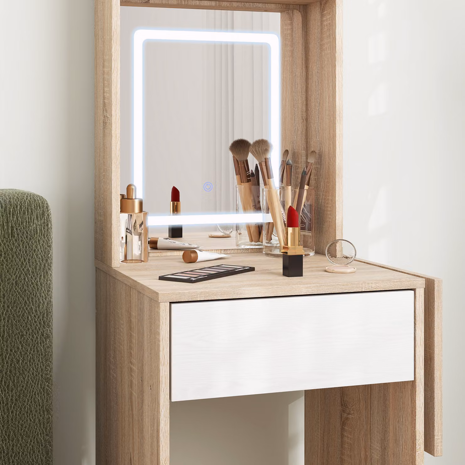 HOMCOM Small Vanity Desk with LED Mirror and Drop Leaf, Brown Compact Dressing Table with Open Shelves – 4