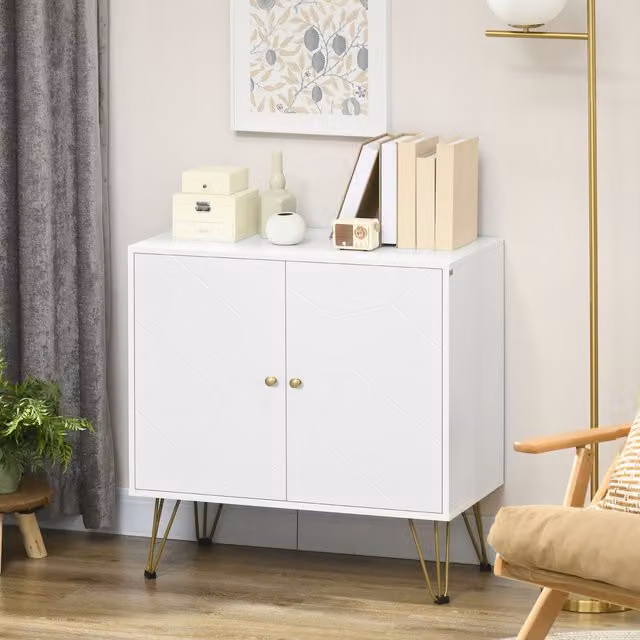 HOMCOM Modern White and Gold Freestanding Storage Cabinet with Metal Hairpin Legs