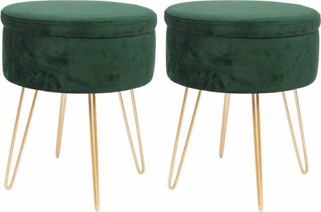 Harbour Housewares Pack of 2 Round Velvet Storage Footstools in Green with Gold Legs, H45 x D36 cm – 1