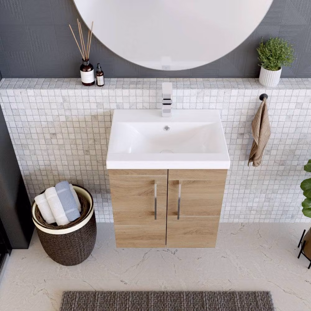 Balterley Contemporary Wall Hung Bathroom Vanity Unit with Mid-Edge Ceramic Basin, Bleached Oak Brown, W: 50 cm – 3