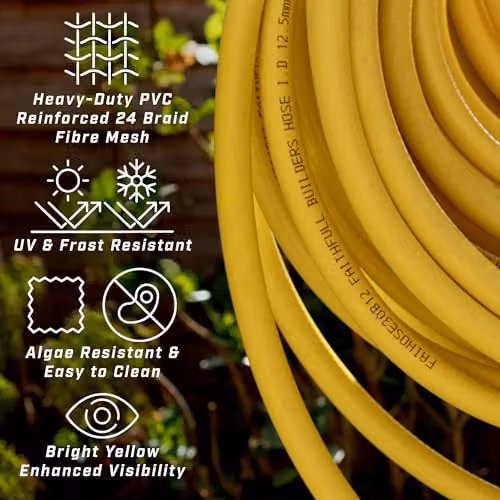 Faithfull Heavy-Duty Reinforced PVC Builders Hose, Yellow, Length: 30 m, Diameter: 12.5 mm – 3