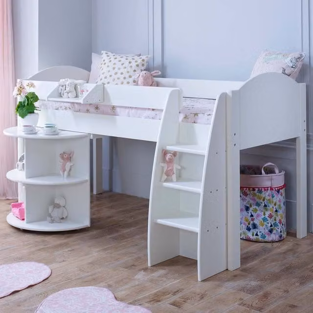 Kids Avenue Eli Midsleeper Bed in White with Stairs and Side Compartments