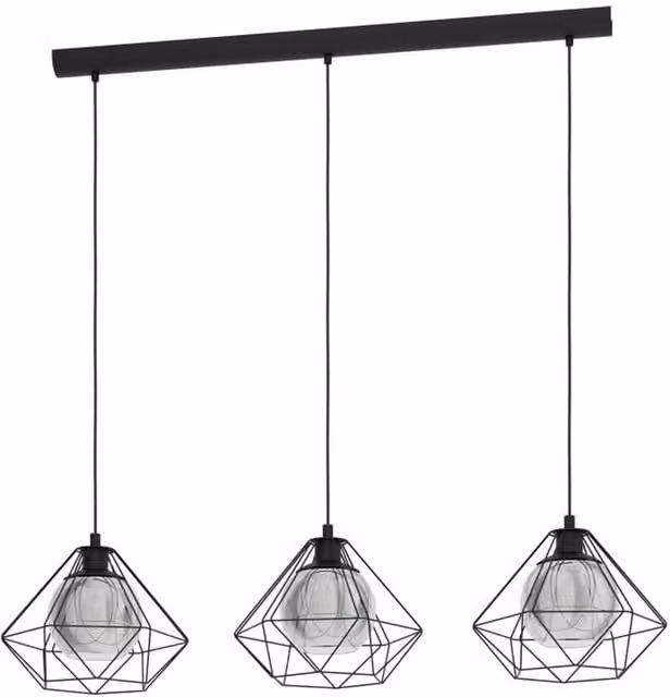 Eglo Vernham 3-Light Caged Pendant Ceiling Light with Smoked Black Glass, Black