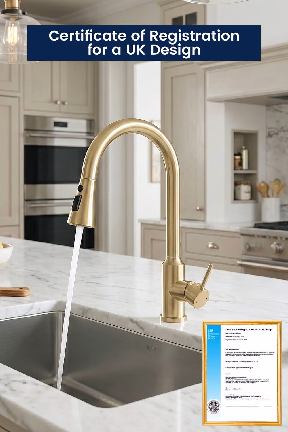 JANLEMNY Brushed Gold Pull Out Kitchen Mixer Tap with High Arch Spout and Spray Function – 6