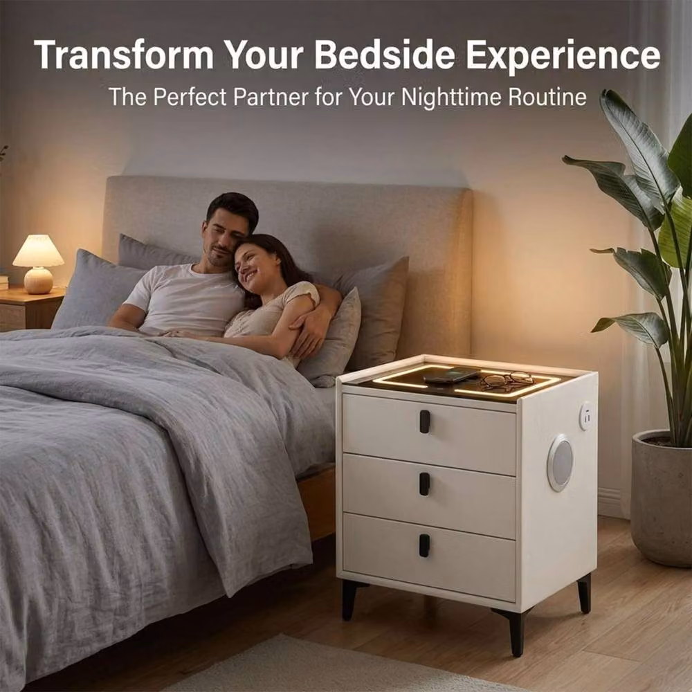 MN Furniture Modern Bedside Table with Integrated LED Lighting in White and Grey – 4