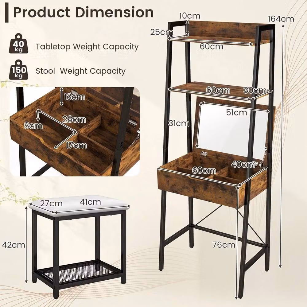 VOGREX 3-in-1 Industrial Vanity Table with Stool and Storage in Brown – 2