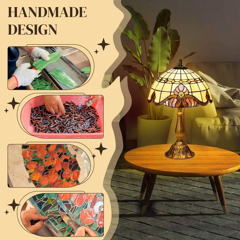 Wyld Haus Noka Handcrafted Multi Colour Stained Glass Table Lamp in Gold/Brass, H: 48 cm, W: 30 cm, D: 30 cm – 4