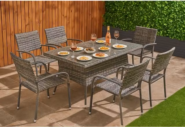 Home Treats 6 Seater Grey Polyrattan Outdoor Garden Furniture Set with Rectangular Table and Chairs