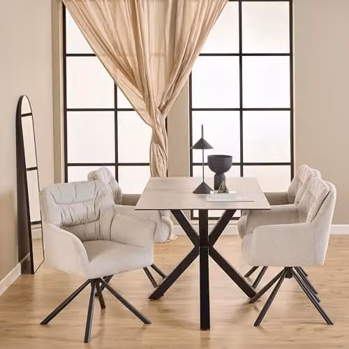 Furniture To Go Heaven Dining Set with White Ceramic Rectangular Table and 4 Cream Alonso Swivel Armrest Chairs