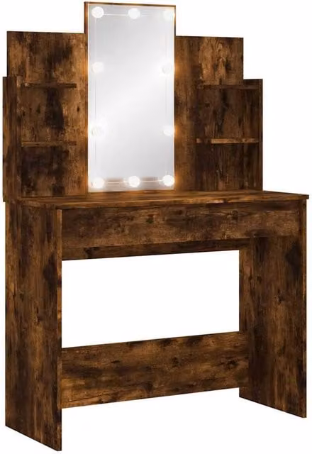 Berkfield Home Dressing Table with Hollywood LED Lights in Smoked Oak Brown, W: 96 cm, D: 40 cm, H: 142 cm – 1