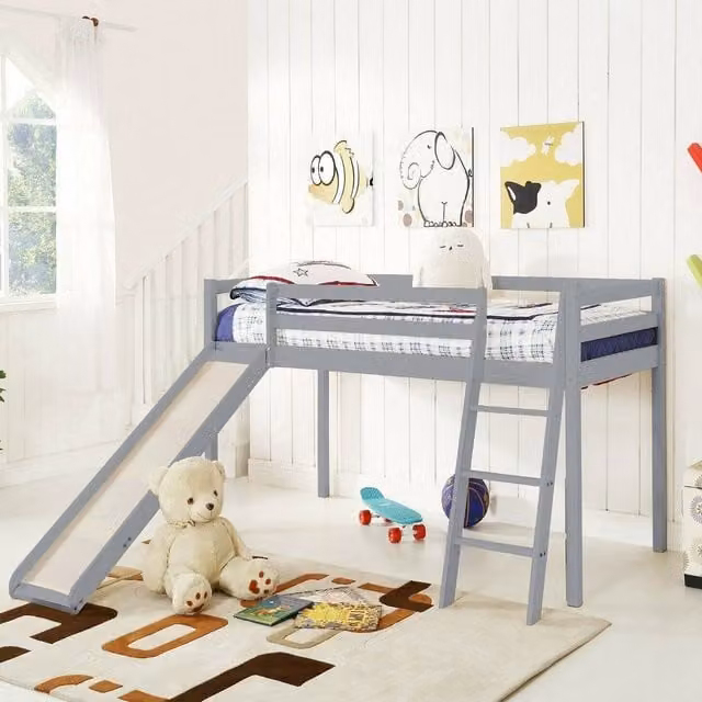 Home Detail Newark Solid Wood Mid-Sleeper Bunk Bed with Slide in Grey, W/D/H: 90 x 190 cm