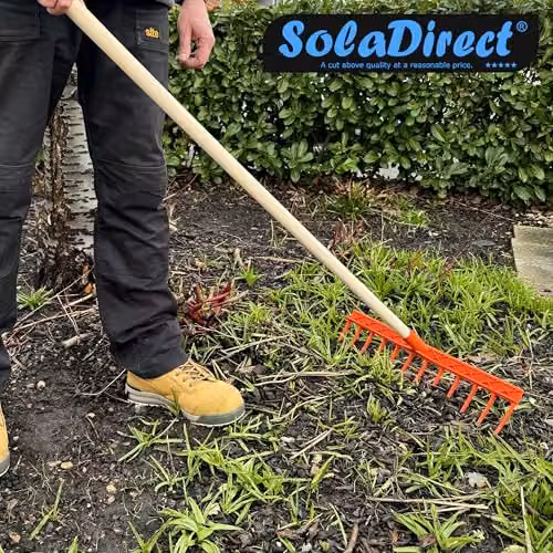 SolaDirect Heavy-Duty Garden Rake with 12 Tines, 50 cm Wide Plastic Head and Wooden Handle in Orange – 2