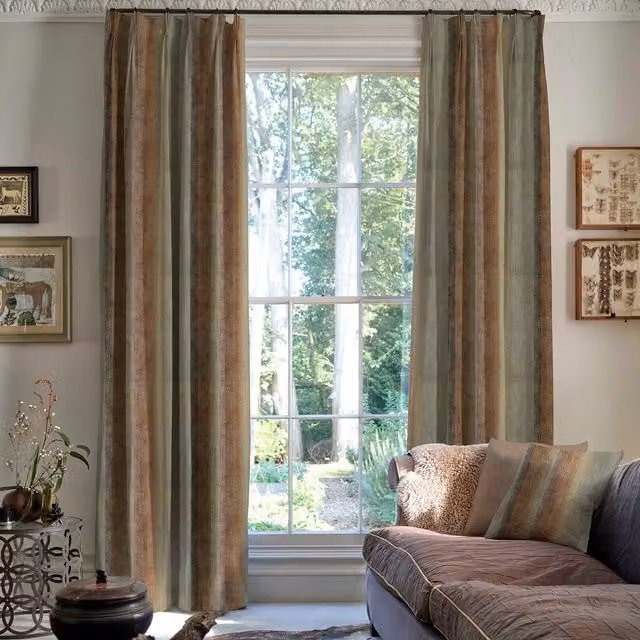 Linda Barker Home Made To Measure Striped Blackout Linen Fabric Curtains in Mushroom Beige and Brown