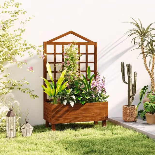 Outsunny Wooden Raised Bed Garden Planter with Trellis for Vegetables, Herbs and Flowers, Brown