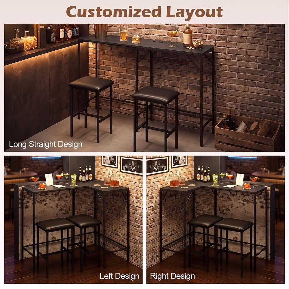Gymax 3-Piece L-Shaped Bar Table and Chair Set in Black – 5