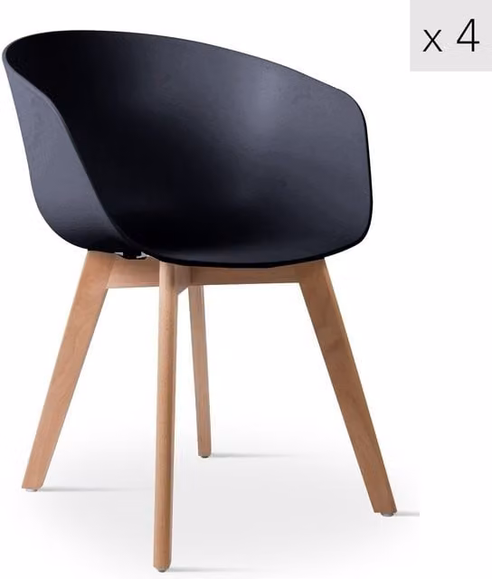 Nordlys Set of 4 Black Scandinavian Dining Chairs with Polypropylene Seats and Beech Wood Legs