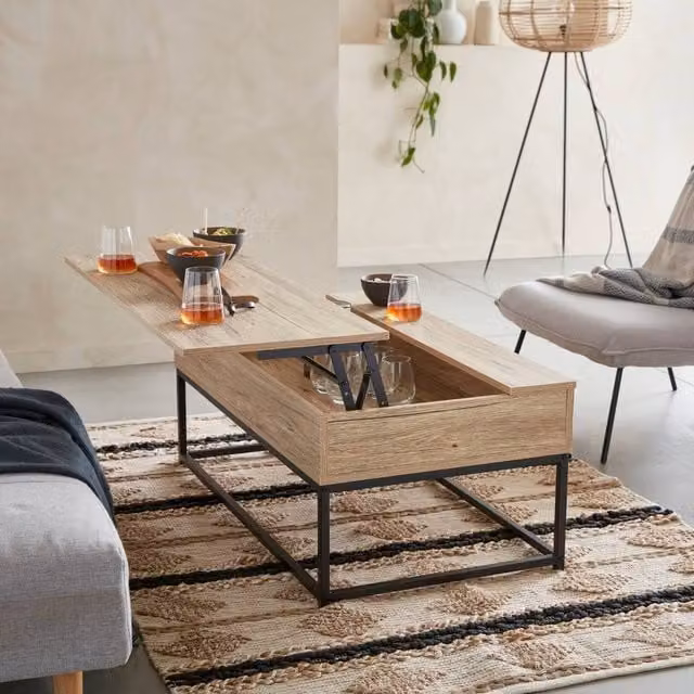sweeek Liftable Rectangular Coffee Table in Light Brown with Industrial Wood and Metal Design