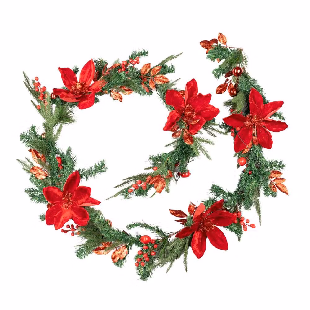 Marco Paul Pre-Lit Christmas Garland with Red Magnolia and Greenery, W: 270 cm, D: 35 cm – 2
