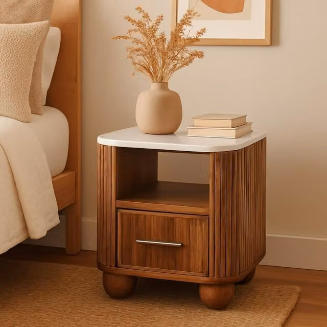 Artisan Furniture Beaumont Mango Wood and Marble Bedside Table in Brown and White