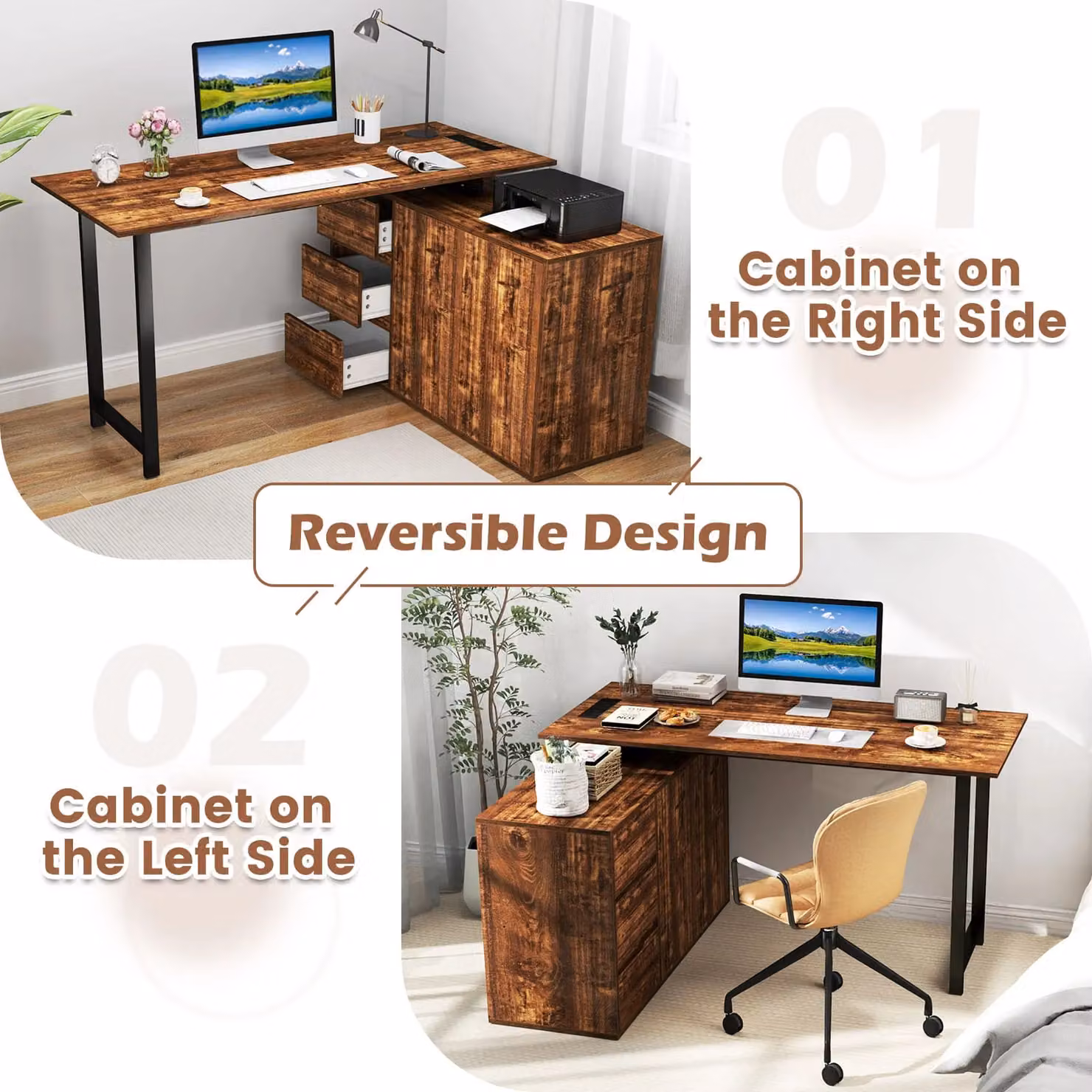 Costway Reversible L-Shaped Corner Computer Desk in Brown – 5