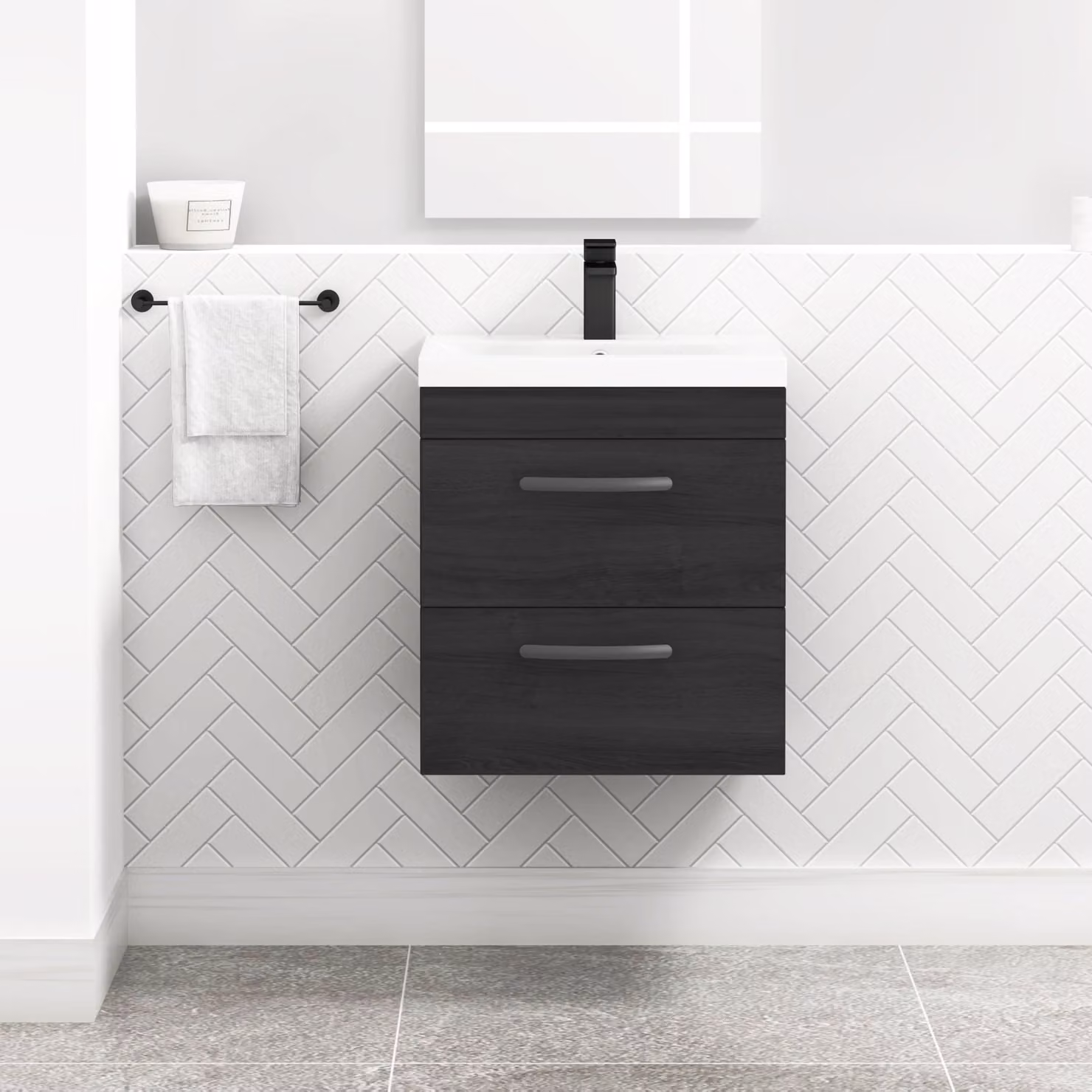 Royal Bathrooms Turin 500mm Wall Hung Vanity Unit in Hale Black with 2 Drawers and Matt Black Handles