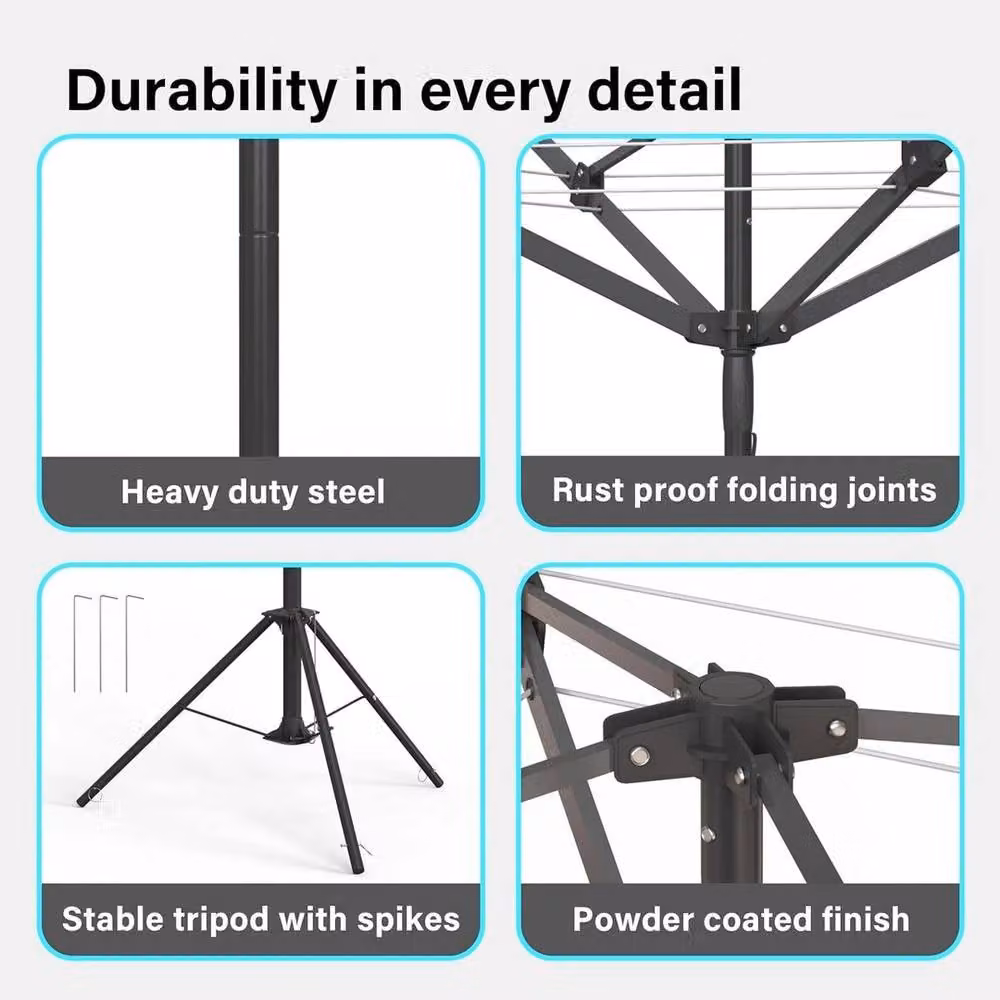 FLAVORA 4 Arm Rotary Washing Line Freestanding Portable Airer in Black – 3