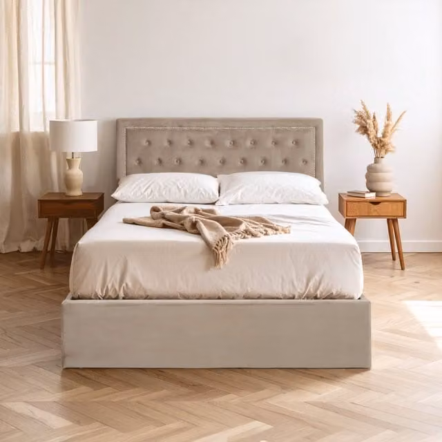 Orsina Classic Mink Velvet Double Ottoman Bed in Brown and Beige, W/D/H: 140 x 200 cm – 1