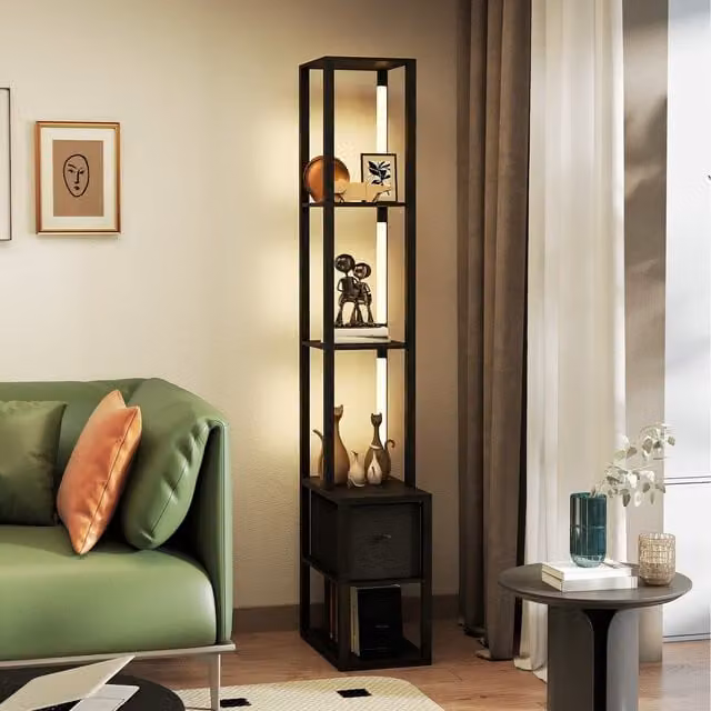 HOMCOM Modern LED Floor Lamp with Shelves and Fabric Drawer in Black