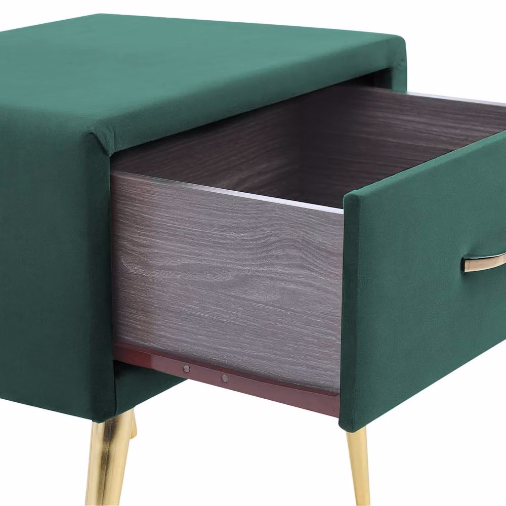 Wyld and Coco Emerald Green Velvet Bedside Table with 1 Drawer and Gold-Toned Legs – 4