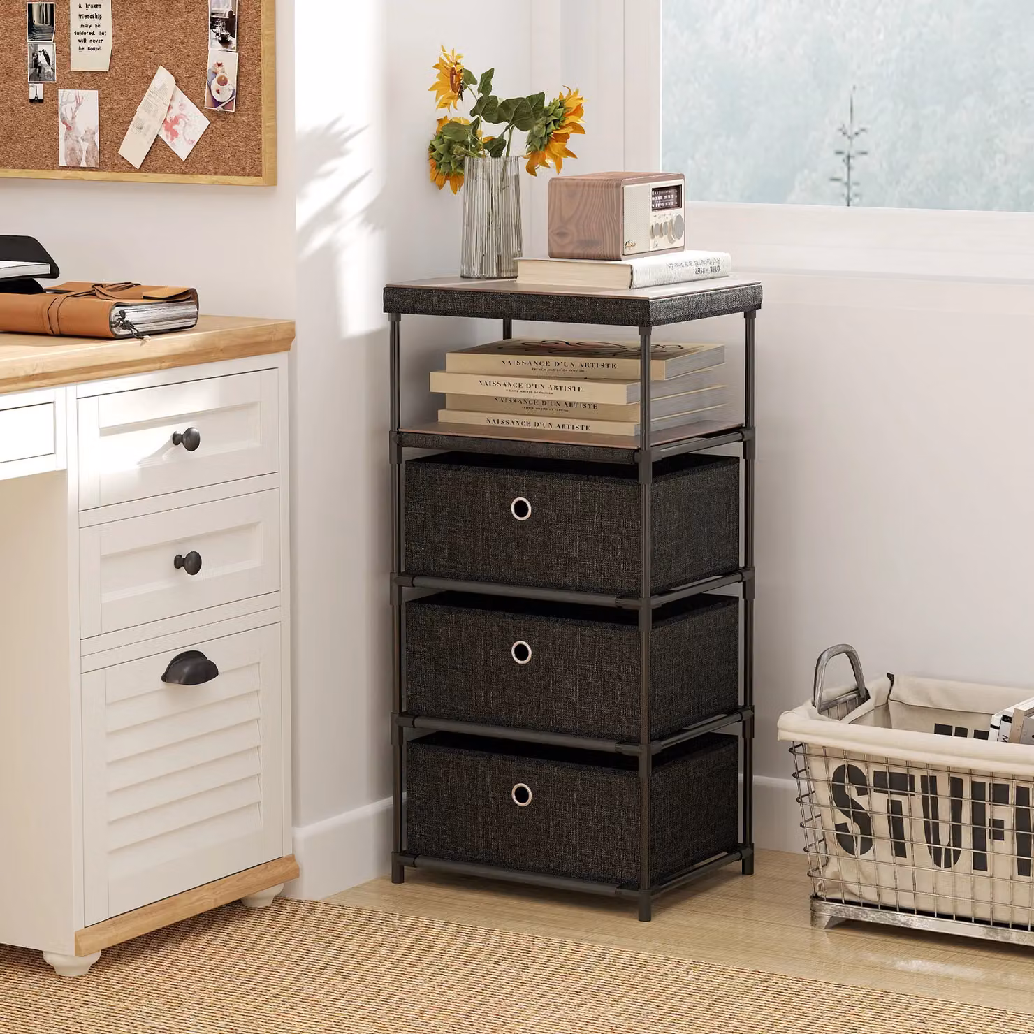 Gymax Industrial Fabric Storage Tower with Wood Top, Black – 7