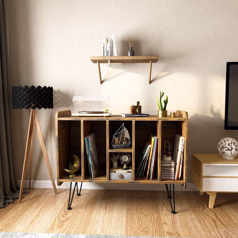 Huhote Brown Vinyl Turntable Stand with 3 Tier Storage Cabinet – 4