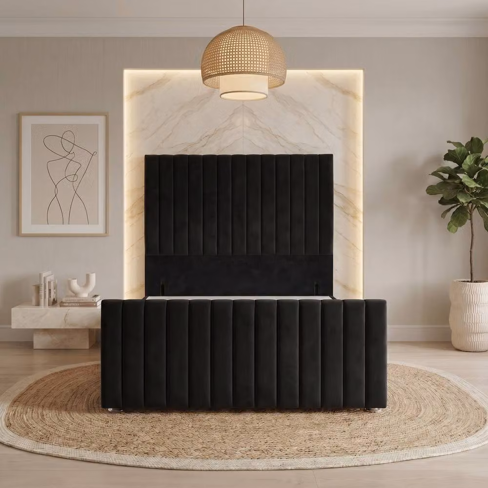Somnior Eleanor Velvet Divan Base with Headboard and Footboard, Black, W/D/H: 180 x 200 x 56 cm – 2