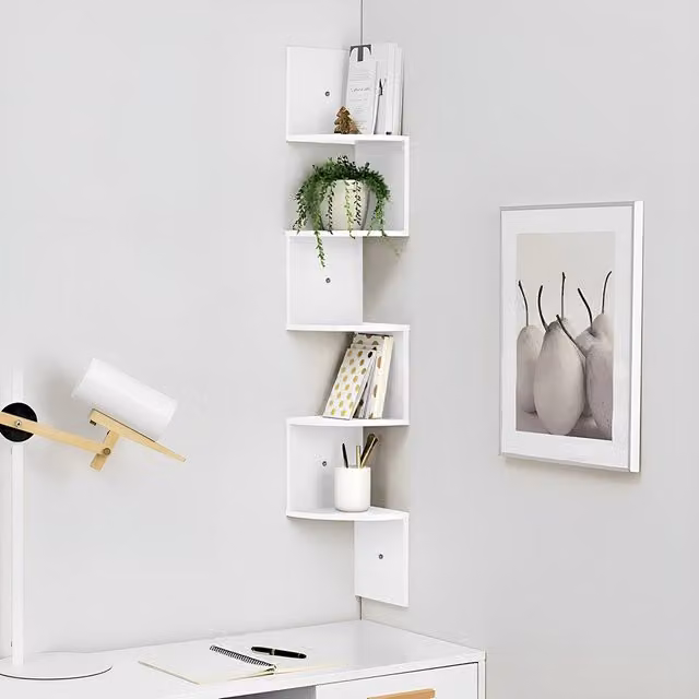 Lifeideas 5-Tier White Wooden Geometric Zigzag Floating Corner Wall Mounted Shelf