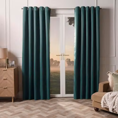 OHS Pair of Thermal Insulated Blackout Eyelet Curtains in Dark Green, W: 167 cm, H: 183 cm