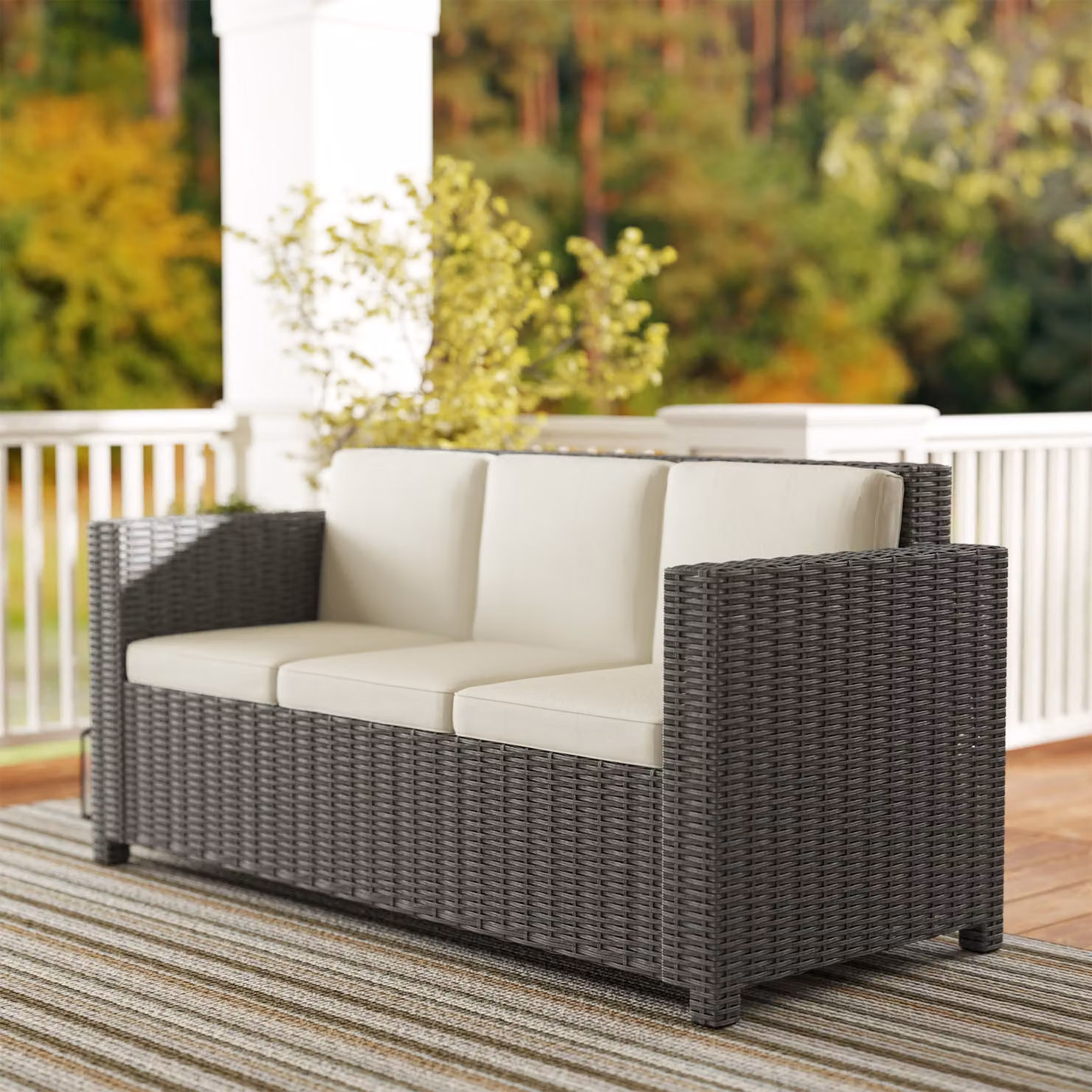 Outsunny 3 Seater Rattan Sofa with Cream Fire Resistant Cushions and Powder Coated Steel Frame – 8