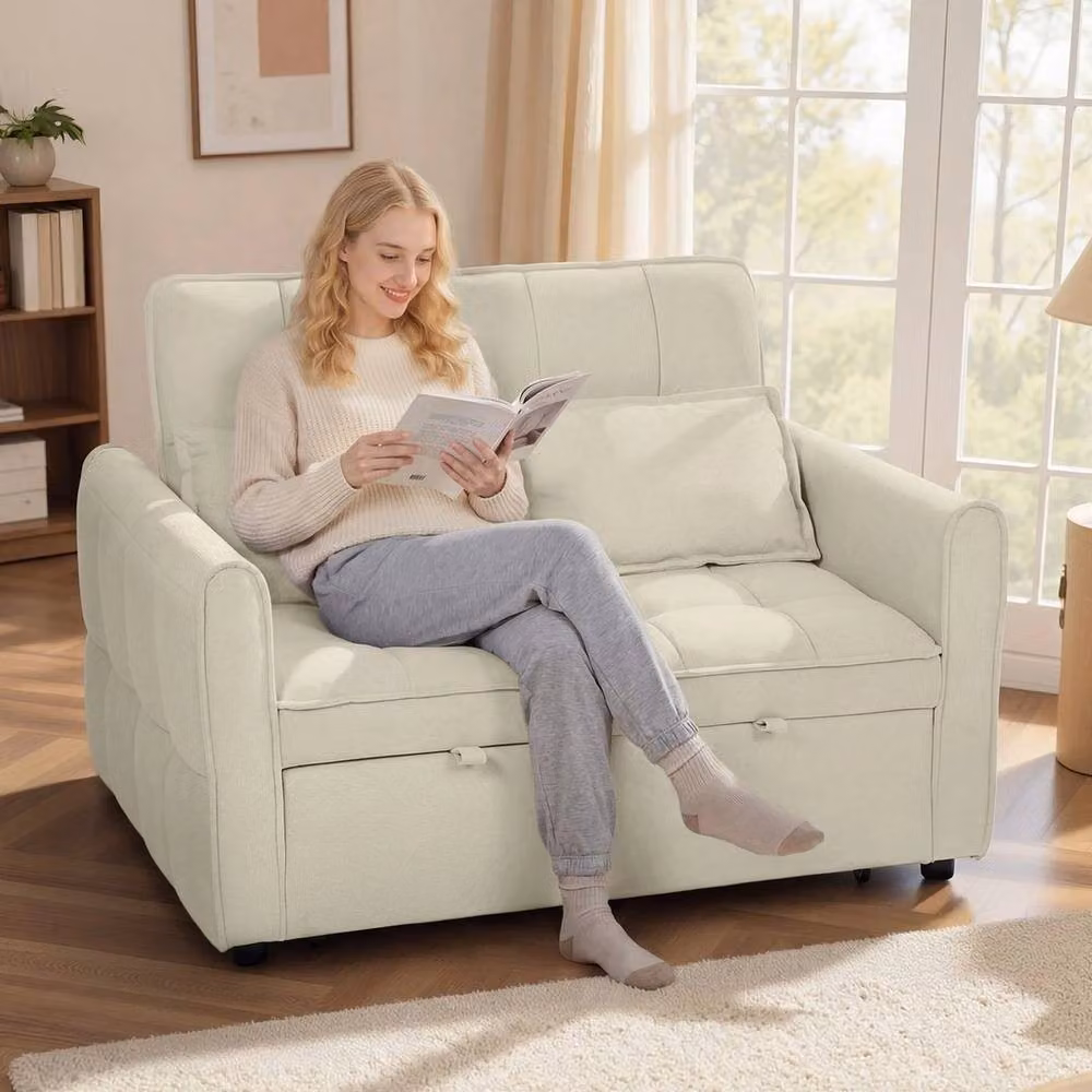 FORGEVIO 2 Seater Velvet Fabric Sofa Bed in Beige and Brown with Sleeping Function – 2