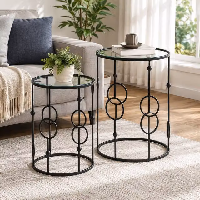 STILVORA Nesting Round Coffee Table Set of 2 with Black Glass and Metal Tops – 1