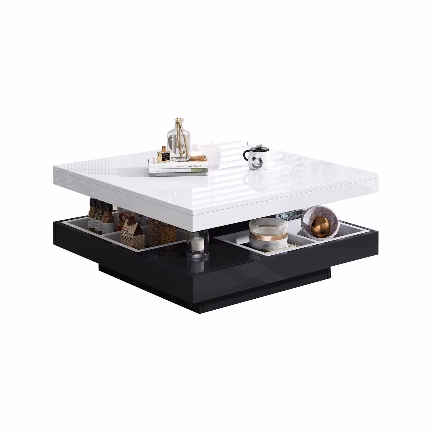 Aosom UK Contemporary Round Coffee Table with Rotating Top and Large-Capacity Lower Shelf, Black and White, W: 70 cm, D: 70 cm, H: 36 cm – 2