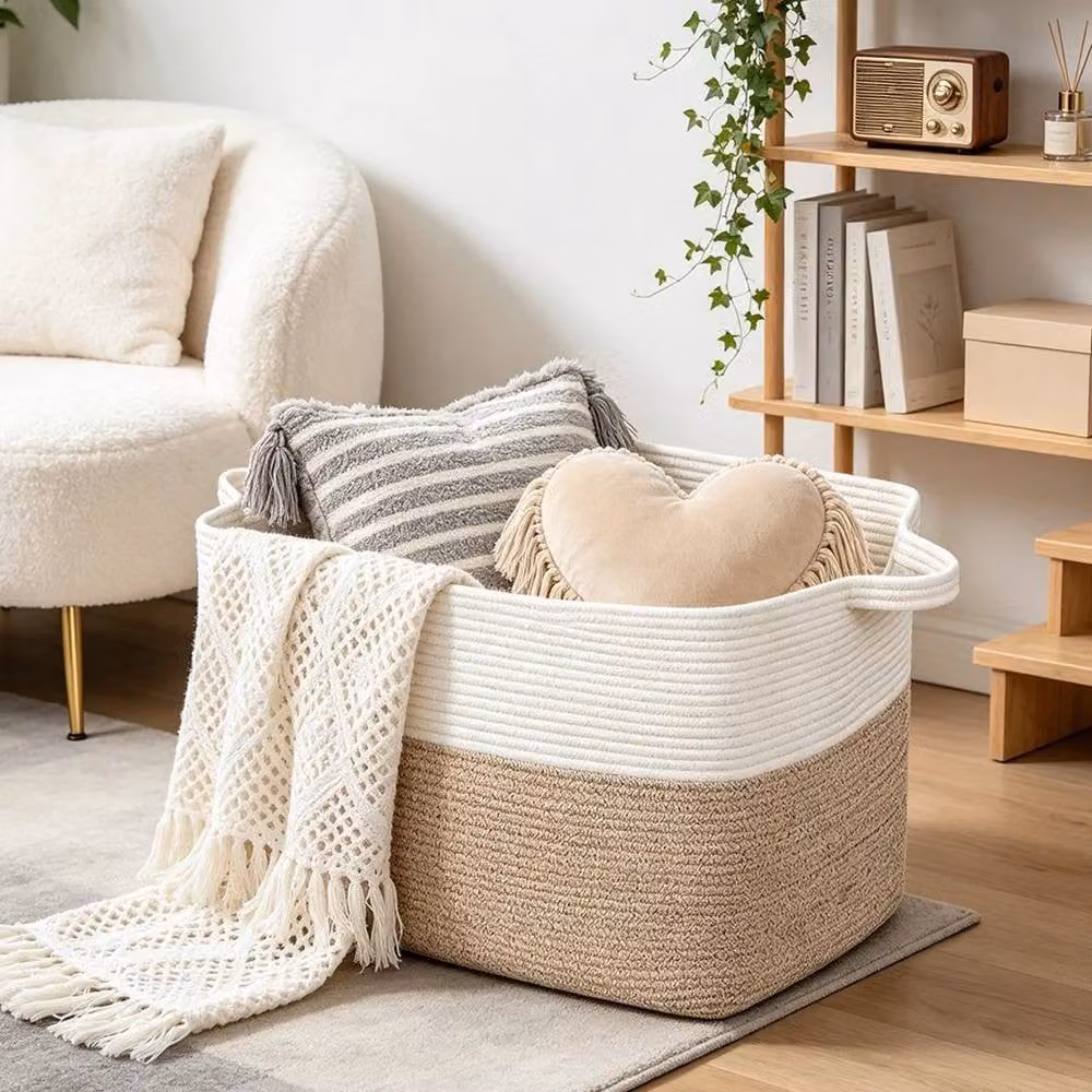EONLION Large Cotton Fabric Storage Basket in Beige for Clothes and Bedding, W/D/H: 55 x 38 x 30 cm – 4