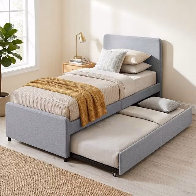 HOMCOM Upholstered Single Bed with Pull Out Trundle, Light Grey, W: 90 cm, L: 190 cm
