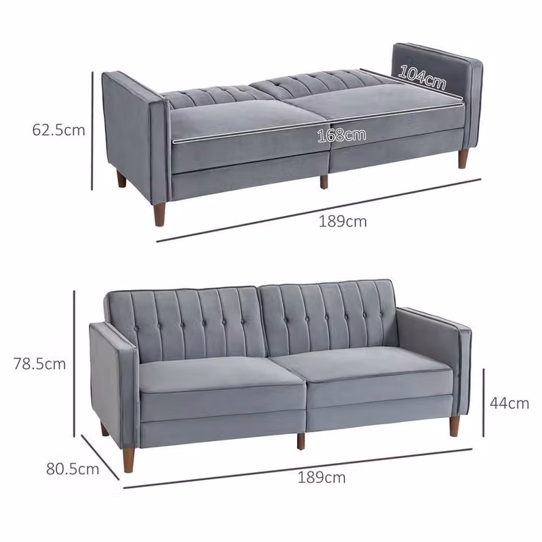 FORGEVIO Convertible Velvet-Touch Tufted Futon Sofa in Grey, W/D/H: 189.0 x 80.5 x 78.5 cm