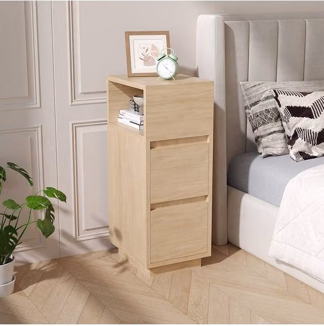 Living and Home Minimalist Bedside Table with Drawers in Sand Beige – 1