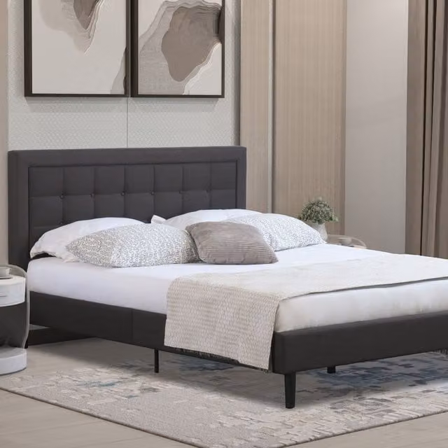Comfy Living Upholstered Buttoned Headboard Bed Frame in Grey Fabric, W/D/H: 140 x 200 cm