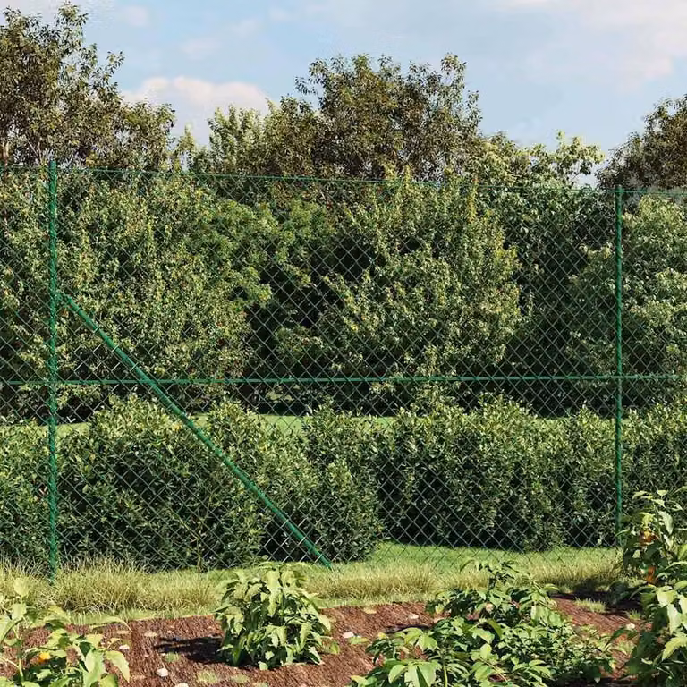 Berkfield Home Green PVC-Coated Steel Chain Link Fence with Flange, H: 1.6 m, L: 25 m