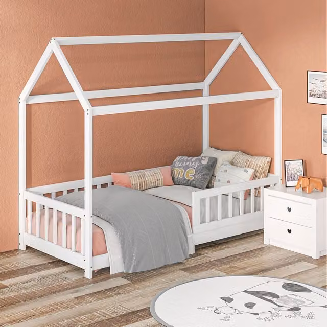 HOMCOM House-Shaped Solid Wood Kids Bed Frame in White