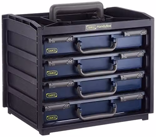 Raaco 136242 HandyBox 55 Portable Storage Unit in Black and Blue with 4 Assorter 55 Service Cases and Removable Compartments – 1